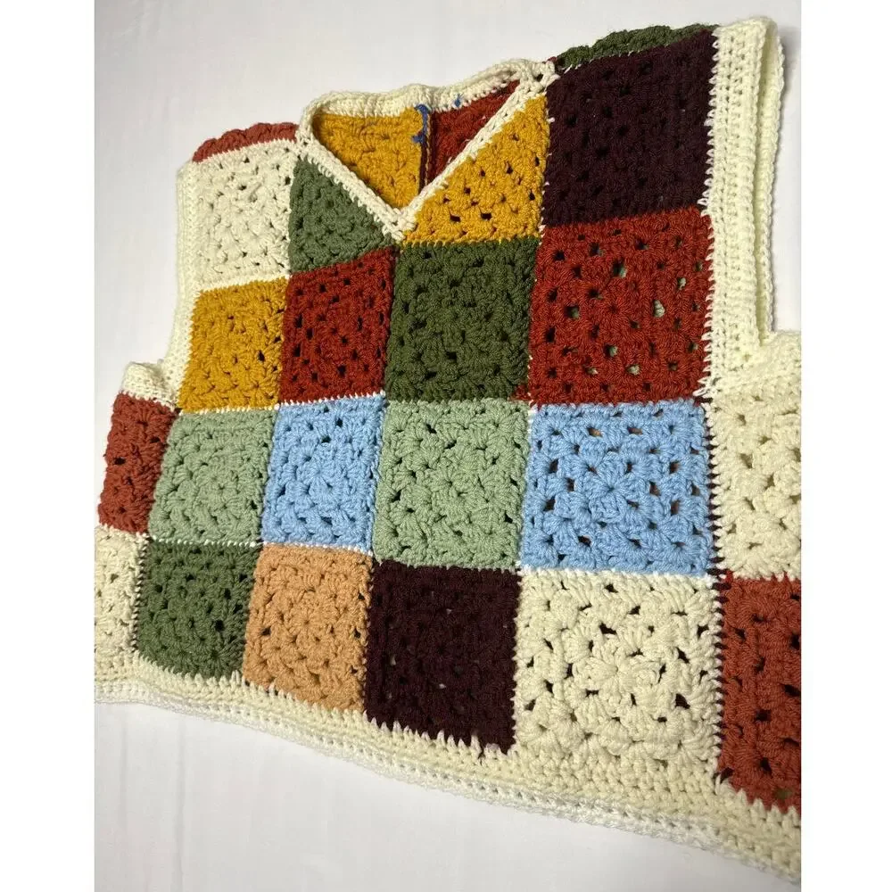 Vintage 1970s Style Handmade Crochet Granny Square Patchwork Vest Unisex XL